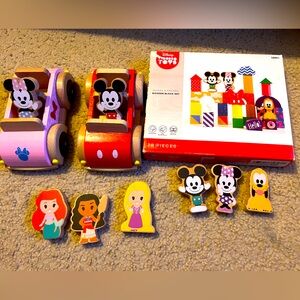 Disney Mickey and Minnie wooden black set and vehicles.